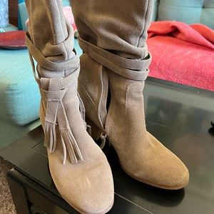 Tahari Taupe Suede Boots with Tassels